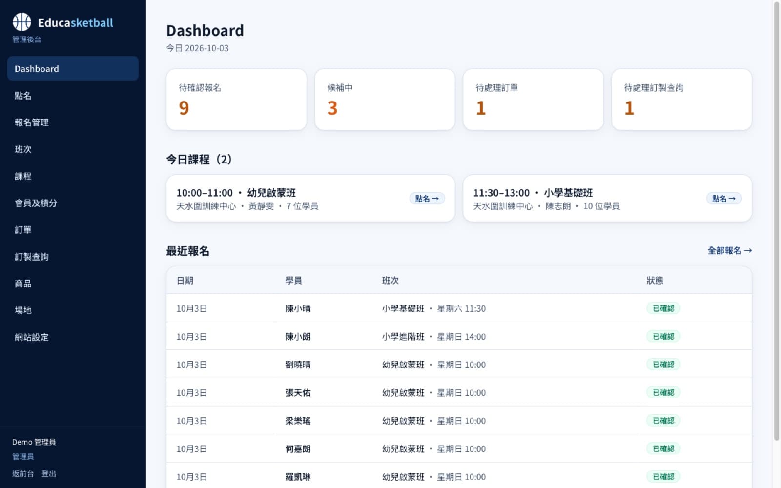 Demo 3 · Educasketball：管理後台畫面